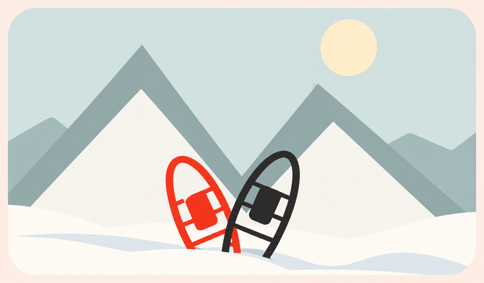 Zwei Schneeschuhe stehen im Schnee vor einer Bergkulisse – ein roter und ein schwarzer.